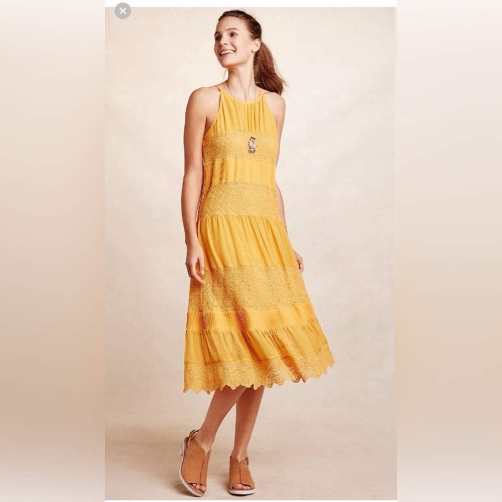 Anthropologie HD in Paris Yellow Lace-Trim Midi Dress